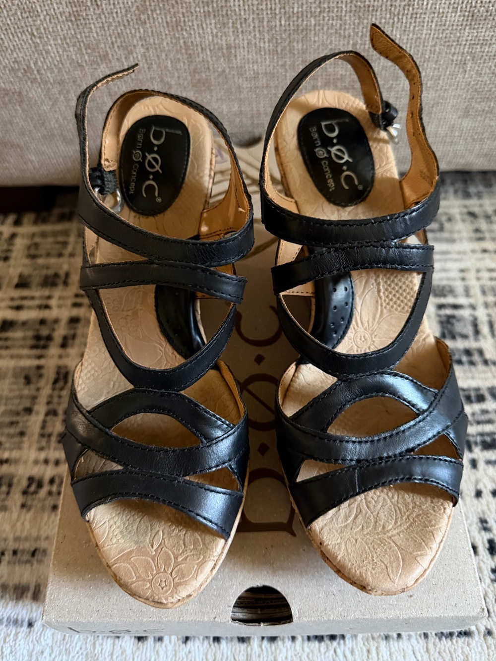 B.O.C. BRYGIDA black strappy sandals w/cork heel; 8M/EURO 39